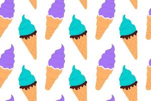 Seamless pattern with alternating blue and purple ice cream cones on white background, perfect for colorful and fun dessert themes vector