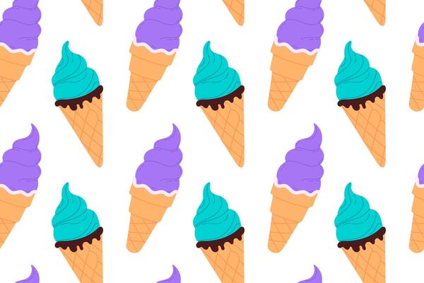 Seamless pattern with alternating blue and purple ice cream cones on white background, perfect for colorful and fun dessert themes