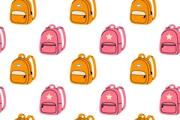Seamless pattern of pink and orange backpacks with pockets, designed for kids