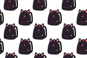 Seamless pattern of black backpacks with cat ears and face on white background vector