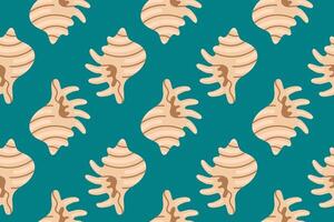 Seamless pattern with beige spiral seashells on teal background, ideal for marine, beach, or summer-themed design projects vector