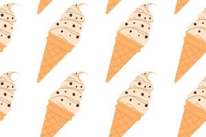 Seamless pattern of beige ice cream cones with chocolate chips on white background, perfect for dessert design or packaging vector