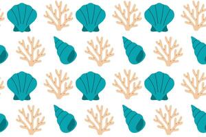 Seamless pattern featuring teal scallop shells, coral, and underwater plants in a clean marine color palette vector