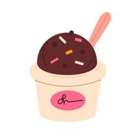 Chocolate ice cream scoop with sprinkles in paper cup and spoon on white background, ideal for dessert visuals and menu designs vector