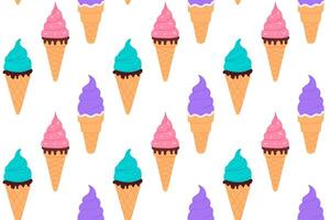 Colorful seamless pattern of assorted ice cream cones in various flavors and colors on white background, perfect for fun dessert-themed design vector