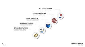 Infographic template with 5 points, explaining the steps to success. Clean design with icons and numbered steps. Ideal for business presentations or reports. vector