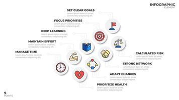 Infographic template with 9 points, explaining process or steps, using circles and icons, suitable for business or finance topics. Clean and modern design. vector