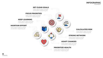 Infographic template with 8 points, explaining business or finance process. Modern design with icons and circular elements. Ideal for presentations and reports. vector