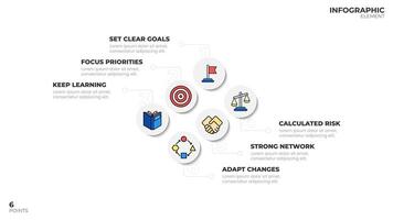 Infographic template with 6 points, using a circular layout to present information in a hierarchical order. Ideal for business presentations, reports, or educational materials. vector