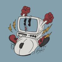 retro cartoon emblem of computer mascot riding mouse vector