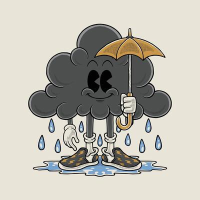 retro cartoon emblem of cute rain cloud mascot holding an umbrella