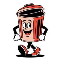 Happy cartoon retro trash can character walking with a smile on white background, image vector