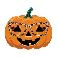Pumpkin with leopard print glasses and cute face design on white background, illustration vector