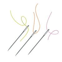 Sewing needles are displayed with brightly colored threads passed through their eyes vector