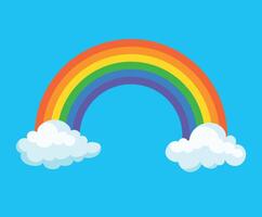 Bright illustration of a rainbow of six colors emerging from two white clouds. Cute rainbow in cartoon style vector