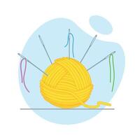Yellow yarn ball with multiple sewing needles stuck into it, each threaded with colorful threads in pink, blue, and green. vector