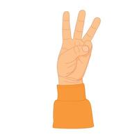 Cartoon-style human hand with three fingers extended upward. Gesture number three, counting vector