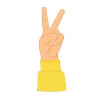 Cartoon-style human hand with raised with index and middle fingers extended to form a V shape. Gesture number two, victory, or peace vector
