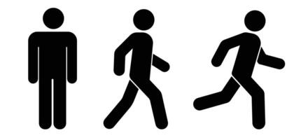 Set of black pictograms of a person in motion standing, walking, and running. Flat minimal design, isolated on white background. vector