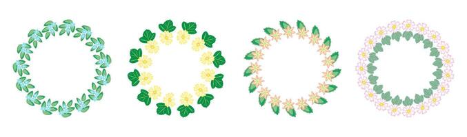 Set of flower frames. Wreath with flowers. Floral frame, hand drawn simple cute botanical round frame. Four different floral wreaths in different colors vector