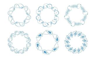 Fruit frame set. Round wreath, border of fruits. set of hand drawn frames with blue swirls vector