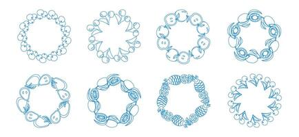 Fruit frame set. Round wreath, border of fruits. set of hand drawn circles on white background vector