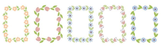 Set of flower frames. Wreath with flowers. Floral frame, hand drawn simple cute botanical round frame. Set of four floral borders with leaves and flowers vector