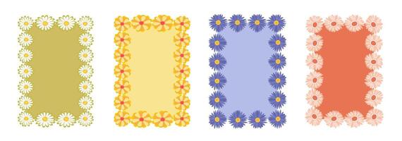 Set of flower frames. Wreath with flowers. Floral frame, hand drawn simple cute botanical round frame. Four different floral borders with different colors vector