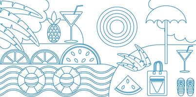 Line drawing of a beach scene with umbrellas, drinks, and other items vector
