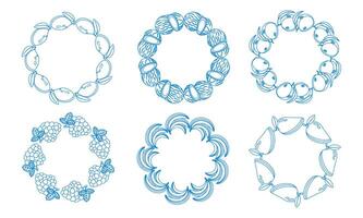 Fruit frame set. Round wreath, border of fruits. set of blue hand drawn frames vector