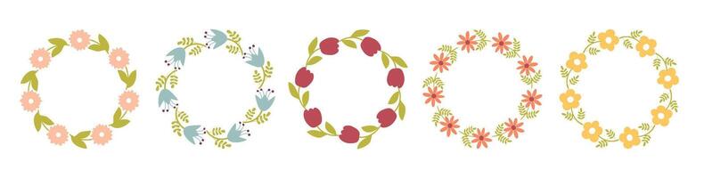 Set of flower frames. Wreath with flowers. Floral frame, hand drawn simple cute botanical round frame. Set of floral wreaths with different colors vector