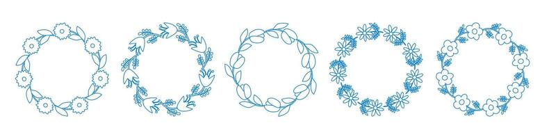 Fruit frame set. Round wreath, border of fruits. a set of blue and white flowers in a circle vector