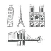 Line attractions of world. World Landmarks. Buildings sketch. Set of landmarks from different countries. Eiffel Tower, Notre Dame de Paris, Tower of Pisa, Brooklyn Bridge. Outline flat illustrations isolated on white. illustration vector
