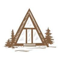 Triangular house and tree fir illustration in linear drawing style. Hand drawn engraved illustration. Remote house in the wilderness and forest for adventure or camping on isolated background vector