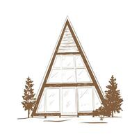 Triangular house A-frame hut and tree fir illustration in linear drawing style. Outdoor activity travel, tourism. Hand drawn engraved illustration. Remote house in the wilderness and forest for adventure or camping on isolated background. illustration vector