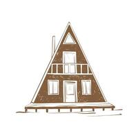 Triangular house A-frame hut illustration in linear drawing style. Outdoor activity travel, tourism. Hand drawn engraved illustration. Remote house in the wilderness and forest for adventure or camping on isolated background. vector