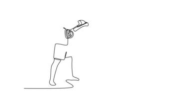 Self drawing animation single line draw boxer practicing uppercut punch drills with personal trainer. Male boxer throwing punches on pads during training session. Continuous line. Full length animated video