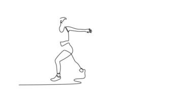 Self drawing animation single line attractive woman team running with baton in relay on stadium track together. Group of athletes holding bar in competitive race. Continuous line. Full length animated video