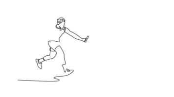 Self drawing animation of single line man team running with baton in relay on outdoors stadium track together. Collaboration athlete group in running competition. Continuous line. Full length animated video