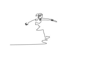 Self drawing animation of single line draw sprinters male and female pass baton in thrilling relay race. Sprint or teamwork for cardio training or workout. Continuous line draw. Full length animated video