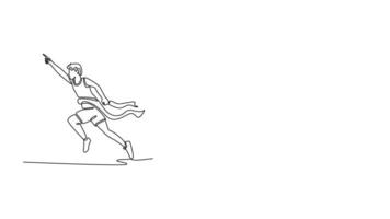 Animated self drawing of continuous line draw young male sprinter stepping over the finishing line while competitors are behind him on stadium at an athletics event. Full length single line animation video