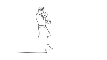 Self drawing animation of single line draw boxer use jab and uppercut punch combinations in boxing match. Getting in close to make opponent on ropes and knockout. Continuous line. Full length animated video