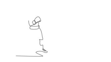 Animated self drawing of continuous line draw side view professional boxer with bare torso wearing boxing gloves, ready to fight. Active boxing champion train at gym. Full length single line animation video