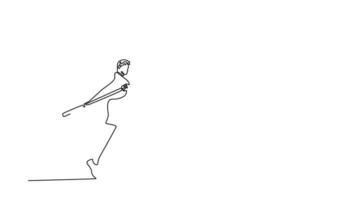 Animated self drawing of continuous line draw professional male pole vaulter ready to overcome difficulties, training for tournament. Practicing at outdoors stadium. Full length single line animation video