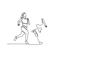 Animated self drawing continuous line draw happy woman winning race and coming first to finish line with ribbon over group of sportswoman running marathon on stadium. Full length single line animation video