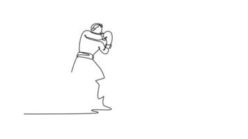 Self drawing animation of single line draw boxer use various punch combinations, including the jab, hook, uppercut. Boxing champions win the round in boxing ring. Continuous line. Full length animated video
