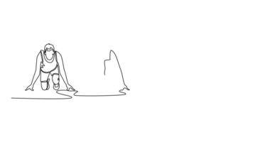 Self drawing animation of single line draw front view male athletes on starting line prepares to run at the running track in outdoor stadium. Sportsman sprinting. Continuous line. Full length animated video
