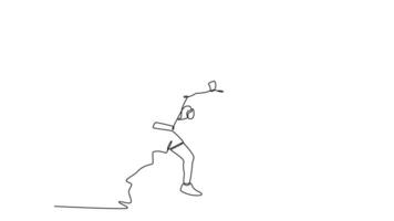 Self drawing animation of single line draw strong male boxing athlete intensely training with punching bag, demonstrating strength, skill, motion, determination. Continuous line. Full length animated video
