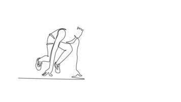 Animated self drawing of continuous line draw female runners at the starting line on race competition. Athletes kneeling ready to start running, prepared to compete. Full length single line animation video