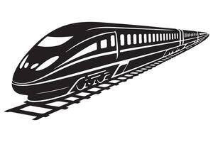 Angled Silhouette Illustration of a Sleek Bullet Train on Tracks Graphic vector